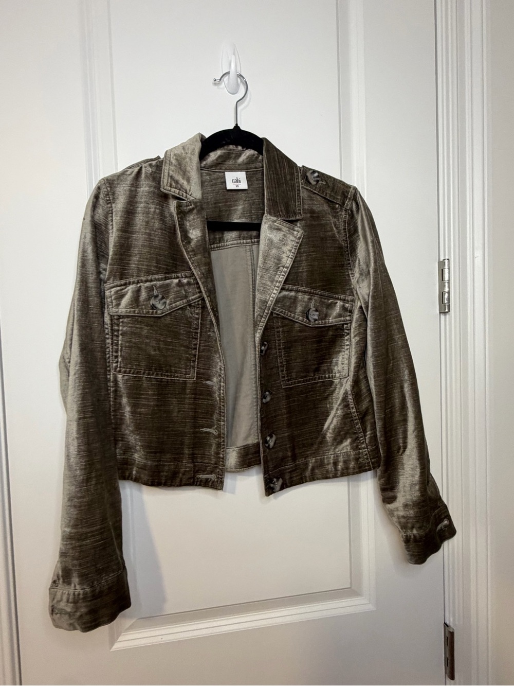 CAbi Olive Green Velvet Utility Jacket Layers Timeless Classic